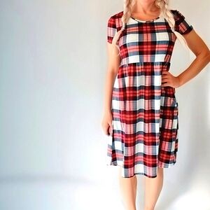 NWT Honeyuppy Plaid Fit-and-Flare Midi Dress Pockets Red Blue White S
